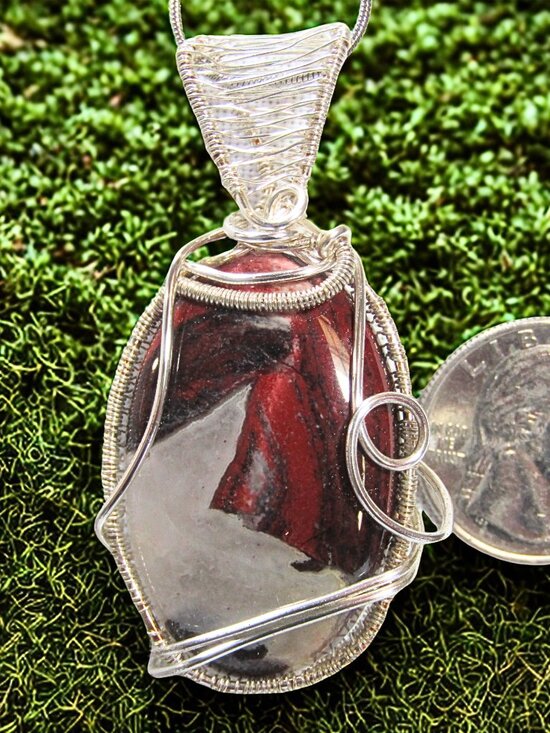 Jewelry - Handmade Wire Wrapped Red River Jasper Crystal Necklace. Silver Filled Wire